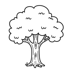 Simple hand drawn black and white outline illustration of a deciduous tree with a thick trunk and full canopy