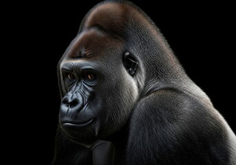 Fototapeta premium Portrait of a powerful silverback gorilla with an intelligent expression on a black background