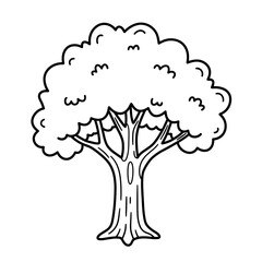 Simple hand drawn outline illustration of a deciduous tree with a thick trunk and full leafy canopy