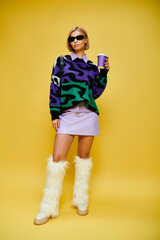 Stylish blonde woman poses confidently in trendy outfit with colorful backdrop in studio