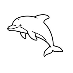 Simple black and white line drawing of a happy dolphin swimming in the ocean