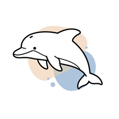 Cute hand drawn illustration of a playful dolphin leaping out of the water with soft pastel circles
