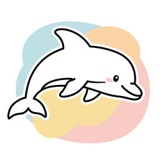 Cute hand drawn cartoon dolphin swimming happily in a colorful abstract watercolor splash background