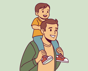 A cheerful father carrying his young son on his shoulders, both smiling with joy. A warm family moment symbolizing love, bonding, happiness, parenthood, childhood, and togetherness.
