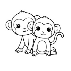 Adorable cartoon outline drawing of two cute baby monkeys sitting together with big eyes
