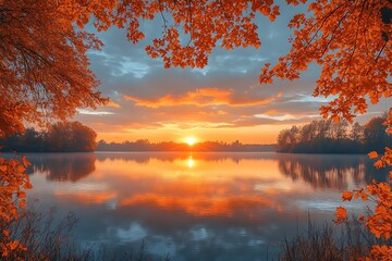 Fototapeta premium A breathtaking autumn landscape featuring a serene lake reflecting the vibrant colors of the sunset and the surrounding foliage.