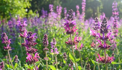 Obraz premium Vibrant purple sage flowers in a sunny field