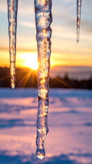 Close-up of hanging icicles with a softly blurred sunset in the background, creating a serene and cold winter atmosphere.