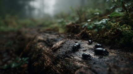 Obraz premium Black beetles crawling on a decaying log in a foggy forest