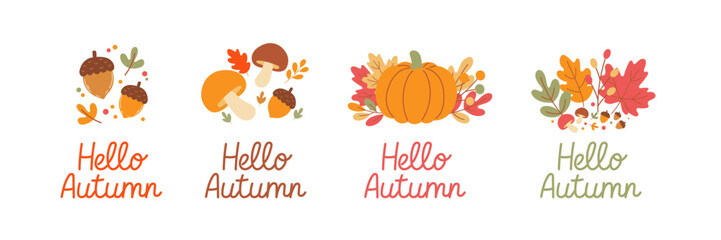 Cozy fall illustrations – pumpkins, colorful foliage, and “Hello Autumn” lettering – versatile design set for greeting cards, décor, and autumn celebrations.