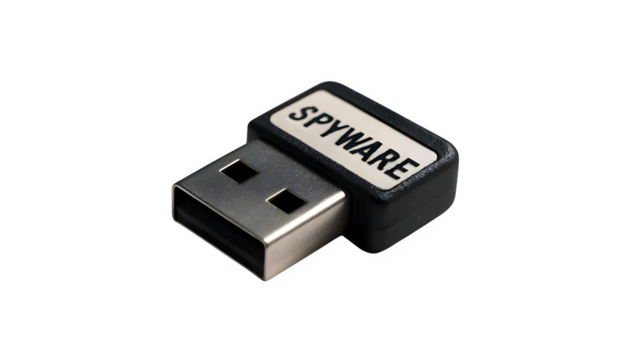 Macro Shot of USB Device Labeled “Spyware”