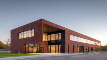 Modern school building exterior with large glass windows, brick facade, spacious parking lot, and well-maintained green lawn under clear sky