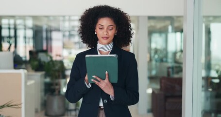 Business woman, tablet and walk with planning, communication or contact for project feedback. Networking, connection and professional female person in office with typing, email or review for report - Powered by Adobe