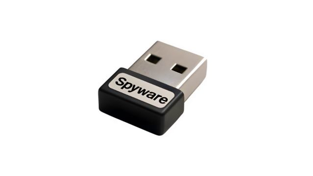 Macro Shot of USB Device Labeled “Spyware”