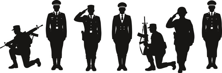 Silhouettes of military soldiers and officers in various poses, saluting, armed forces, army personnel, combat readiness, uniformed men, vector illustration