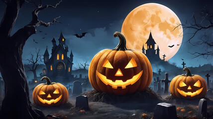 Jack O' Lanterns with pumkin In Graveyard In The Spooky Night - Halloween Backdrop