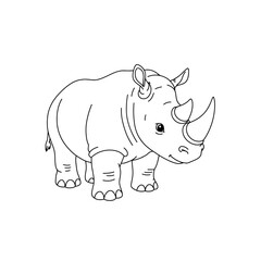 Cute cartoon rhinoceros illustration in black and white line art style for coloring