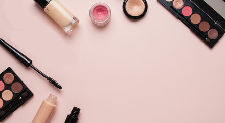 Makeup Flat Lay on Pink Background
