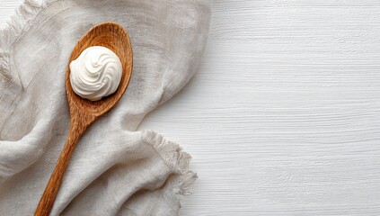 Single white meringue cookie on a rustic wooden spoon over a linen napkin on a white background with copy space.