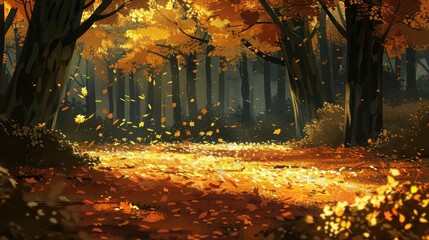 Golden autumn forest with falling leaves and sunlight shining through trees
