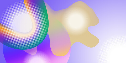 Vibrant, abstract background with smooth freeform shapes flowing liquid. Shapes variety of colors bright green orange yellow purple and they are overlaid with dotted halftone grid pattern modern