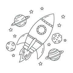 Whimsical hand drawn rocket ship soaring through a starry galaxy with planets and moons