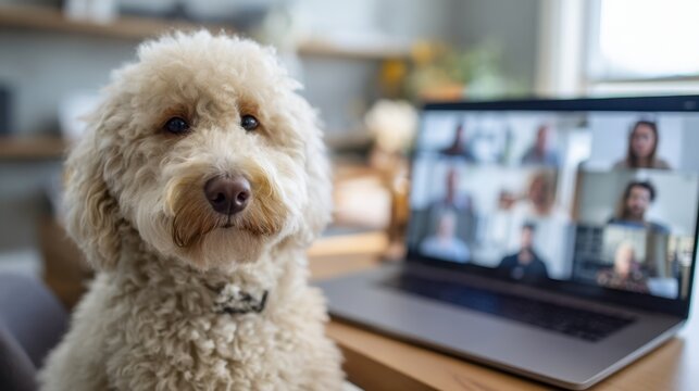 Focused image of a laptop screen showing a virtual meeting with a blurred dog sitting attentively on a chair nearby demonstrating pets as companions during remote work.