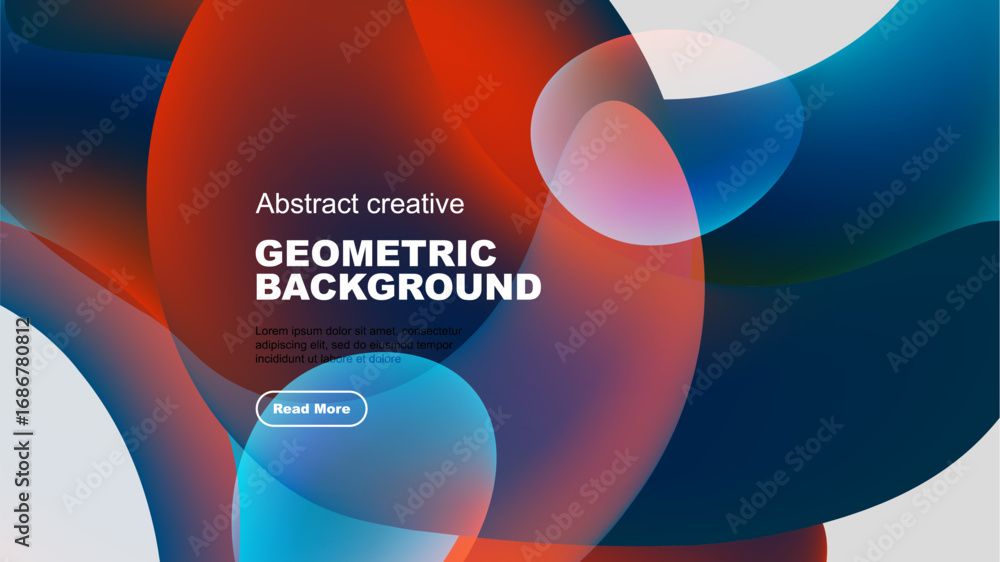 Poster vibrant overlapping shapes create dynamic abstract background. text promotes further exploration, mo