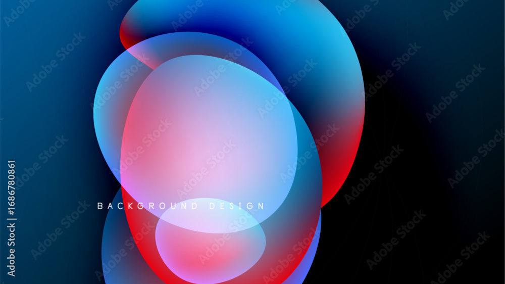 Poster abstract fluid shapes overlap. vibrant blues, reds create dynamic composition against dark backdrop.