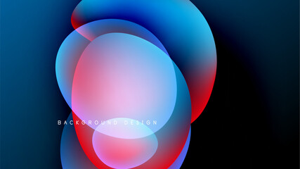 Abstract fluid shapes overlap. Vibrant blues, reds create dynamic composition against dark backdrop. Modern design element.