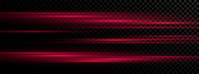Futuristic Red Neon Light Beam with Horizontal Glow and Flare. Shiny Light Streak Effect, Glowing Line Trail and Flash on Transparent Background for Abstract or High-Tech Vector Illustration	