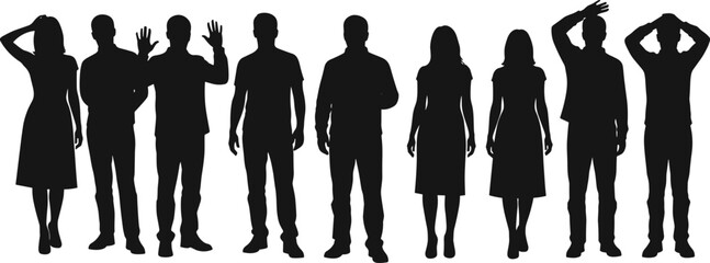 Silhouette of diverse people, standing, waving, thinking, in casual poses, group of men and women, vector isolated illustration