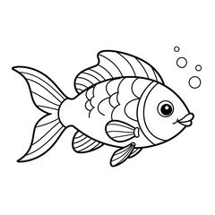 Cute cartoon goldfish swimming with bubbles simple outline drawing for coloring or illustration