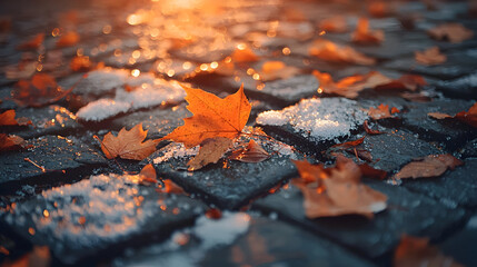 Autumn leaves nestled in cobblestones with a soft layer of first snow—capturing the poetic transition between seasons in warm golden hour light.