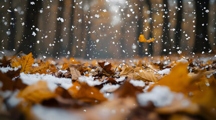 Close-up of forest floor with fallen autumn leaves and fresh snow and drifting flurries mark winter’s arrival in a soft, tranquil, shallow-focus scene. Concept of Autumn to Winter transition.