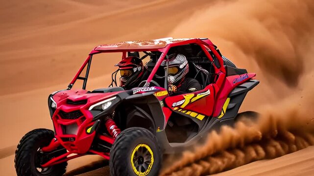 Red Dune Buggy Kicking Up Sand in the Desert.