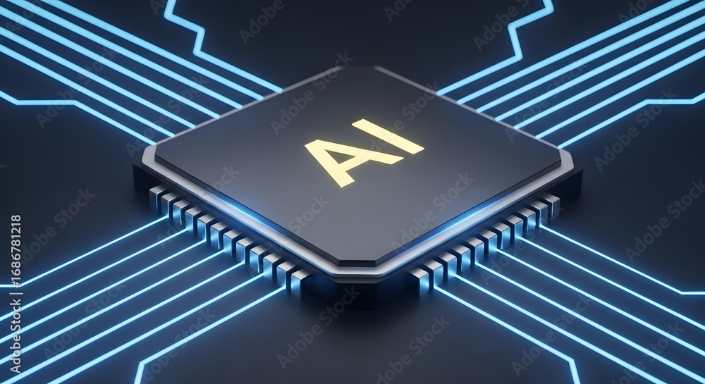 Poster a glowing ai microchip with interconnected circuit board design represents future technology, data p