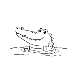 Cute cartoon alligator head peeking out of wavy water with a happy expression and sharp teeth