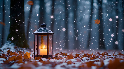 Glowing lantern sits in snowy autumn forest, fallen leaves and warm twilight light evoke solitude and hope, shallow focus creates a dreamy, peaceful scene. Symbol of guidance and inner light.