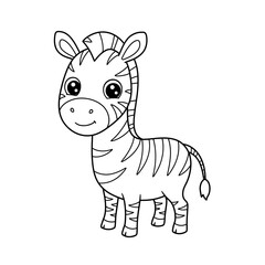 Adorable cartoon baby zebra with big eyes and stripes standing isolated on white background for coloring
