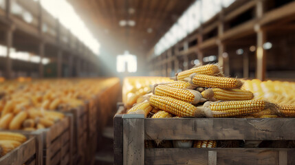 Corn heads harvested in wooden boxes in a warehouse. Natural organic fruit abundance. Healthy and natural food storing and shipping concept.