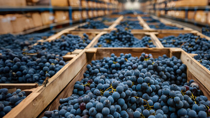 Blue grapes harvested in wooden boxes in a warehouse. Natural organic fruit abundance. Healthy and natural food storing and shipping concept.