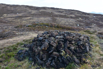 Pile of Harvested Peat on the Moors of Scotland