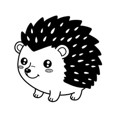 Adorable hand drawn cartoon hedgehog with big eyes and smiling face on white background