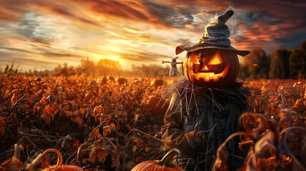 Scarecrow made of shining carved Halloween pumpkin and rags standing the harvested field in autumn in the evening with sunset. Concept of Halloween celebration, Trick or Treat and season.