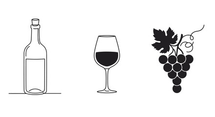 Simple line art illustration of a wine bottle wine glass and grapes on a white background