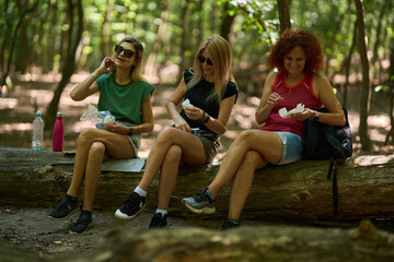 Women having snack break in forest