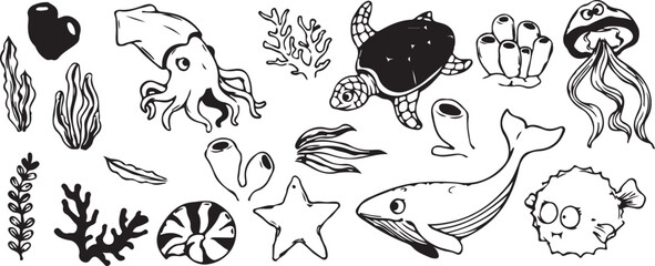 Marine Life, Ocean Icons, Sea Symbols, Aquatic Patterns, Black White Art, Marine Graphics, Sea Elements, Ocean Icons, Aquatic Symbols, Vector Art, Marine Patterns, Sea Graphics, Ocean Designs, Aquatic