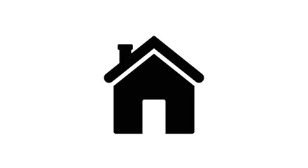 Simple black silhouette icon of a house with a chimney and open doorway on white background