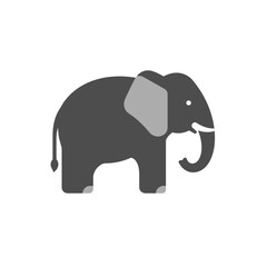 Stylized flat design illustration of a large gray elephant with big ears and a curved trunk on a white background